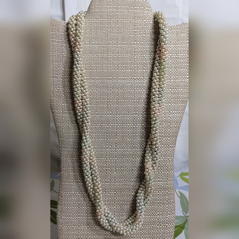 Faux Seed Pearls, Opera Length Necklace, Crocheted On Multicolor Threads, 57"